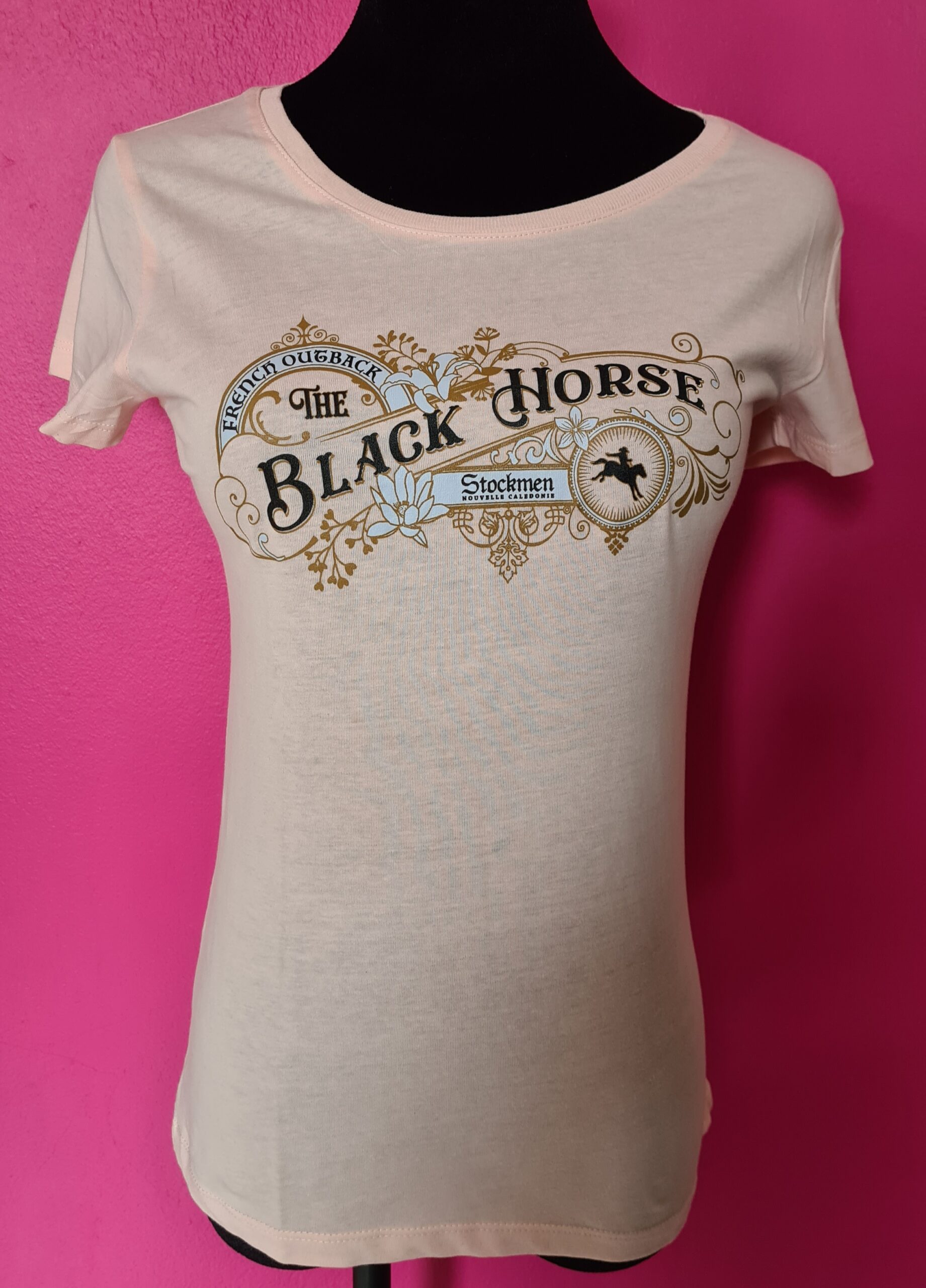 T-Shirt STOCKMEN FEMME BLACK HORSE ROSE CREMEUX
